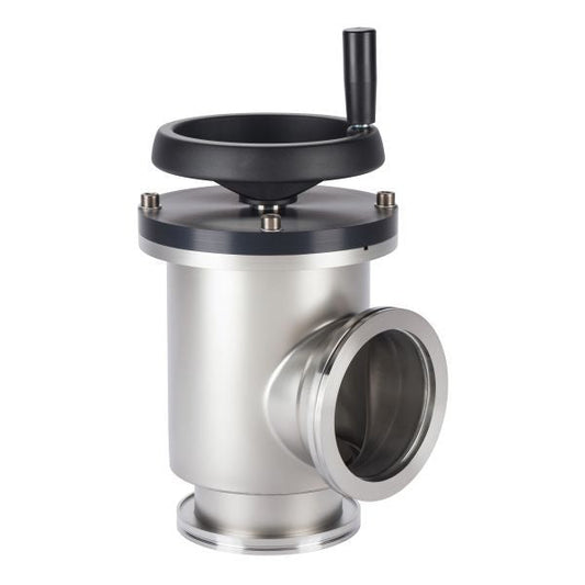 The Leybold North America ISO-K Right Angle Valve, Manually Operated DN 100 ISO-K, is a stainless steel vacuum valve with circular ISO-K flanges and a top black handle for manual operation.