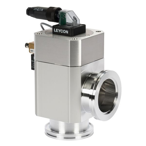 The Leybold North America DN 63 ISO-K Right Angle Valve is an electropneumatically operated valve with a box-shaped metallic body, cylindrical flange, and top electronic component for precise airflow control in industrial or lab use.