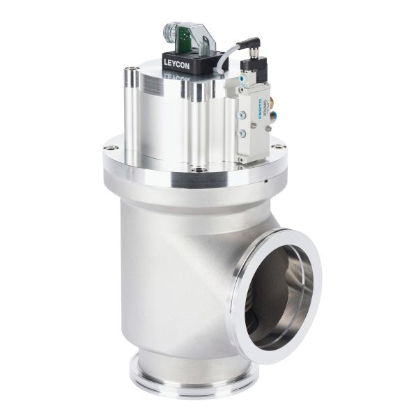 A Leybold North America ISO-K Right Angle Valve, electropneumatically operated and metallic in construction, features a cylindrical shape with multiple attachments on top including sensors and connectors. It is typically used for control in vacuum systems and includes a large circular opening at the bottom and side for flow regulation.