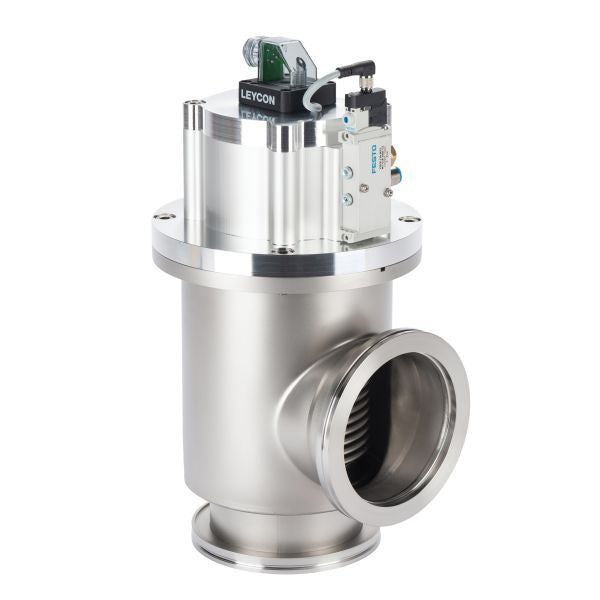 The Leybold North America ISO-K right-angle valve, electropneumatically operated, features a durable stainless steel construction with a cylindrical body and wide base. It is equipped with an upper rectangular control unit that includes electrical connectors. This valve also has large circular openings on the sides and bottom for easy attachment to vacuum chamber systems.