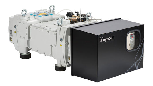 A Leybold DRYVAC DV 650 vacuum pump featuring a white, rectangular mechanical unit connected to a black, box-like control panel with a display screen. The equipment is designed for industrial or laboratory use and sits on four small feet.
