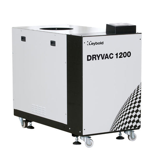The Leybold North America DRYVAC DV 1200 S-i vacuum pump, designed for high-performance vacuum applications, features a stylish black and white aesthetic with a distinctive checkered corner pattern. It boasts a rectangular shape and an intuitive control box positioned on the top for ease of use, all mounted conveniently on wheels.