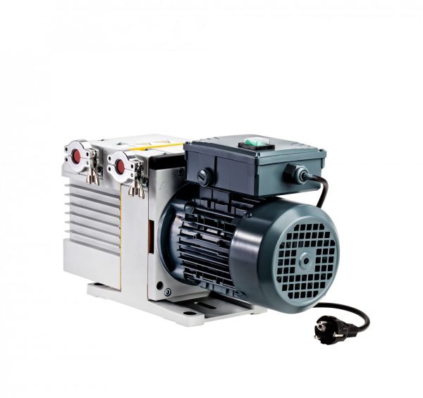 Image of a Leybold TRIVAC D 4 B rotary vane vacuum pump with a grey and black motor. The device has a power cord attached and is mounted on a base. The main body of the pump features fins for cooling, and the motor has a ventilation fan. The background is white.