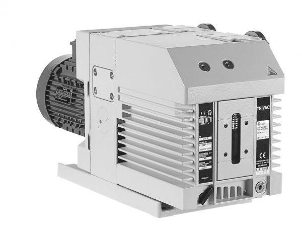 A white and gray mechanical pump with a large motor attached to its side. The pump features multiple slots and vents for ventilation, has several labels, and various control panels on its front. The unit is branded with "Leybold TRIVAC D 40 B" and other technical specifications.