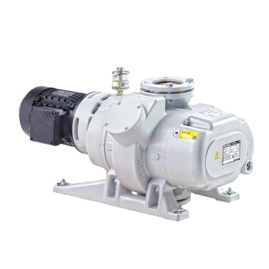 The Leybold RUVAC WAU 501 is an industrial rotary pump with a grey metal body and black motor, mounted on a base. It features energy-efficient design, labels, a small silver valve on top, multiple ports, and vacuum support for heavy-duty industrial use.