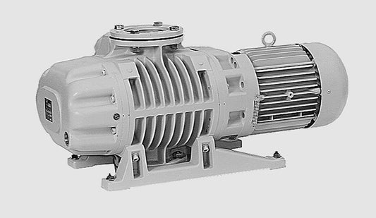 The RUVAC WSU 501 by Leybold is an industrial vacuum pump with a right-side cylindrical motor featuring cooling fins and a left-side robust turbine housing. It uses advanced technology for impressive pumping speed and is mounted on a sturdy base with a sleek metallic finish against a neutral background.