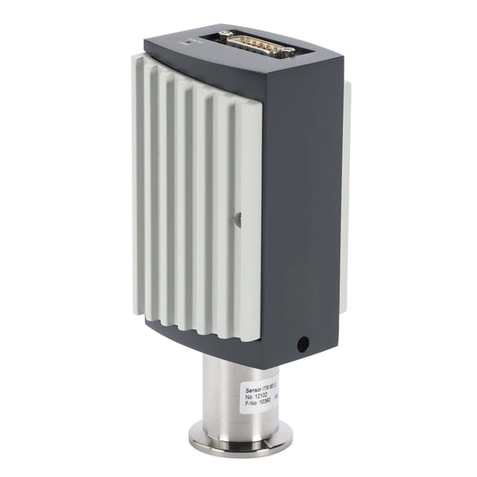 The IONIVAC ITR 90 w/o Display by Leybold North America Shop is a rectangular electronic device with a ribbed light gray plastic casing and black top featuring a connector port, mounted on a round metallic base for precise pressure measurement using advanced active sensor technology.