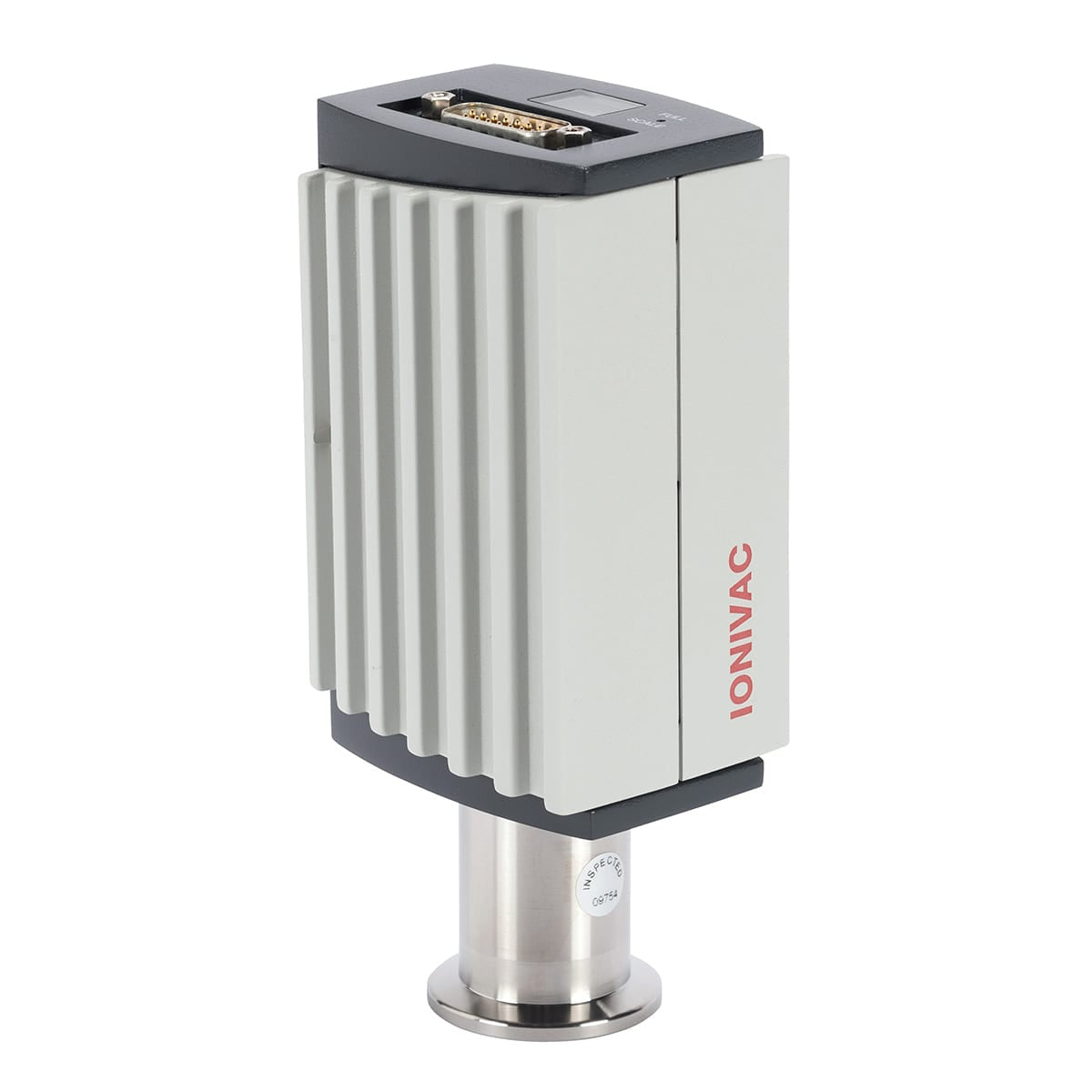 The Leybold North America Shop's IONIVAC ITR 90 w/ Display is an industrial pressure measurement device with a rectangular, ribbed design, metal mounting base, and top digital display. "IONIVAC" is printed on the side, and it includes multiple connection ports.