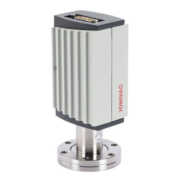 A gray and black IONIVAC ITR 90 - DN 40 CF device with a ribbed exterior, a connector port on the top, and a metal flange at the base. The brand "Leybold North America" is printed in red along the side. The device appears to be a scientific or laboratory instrument.