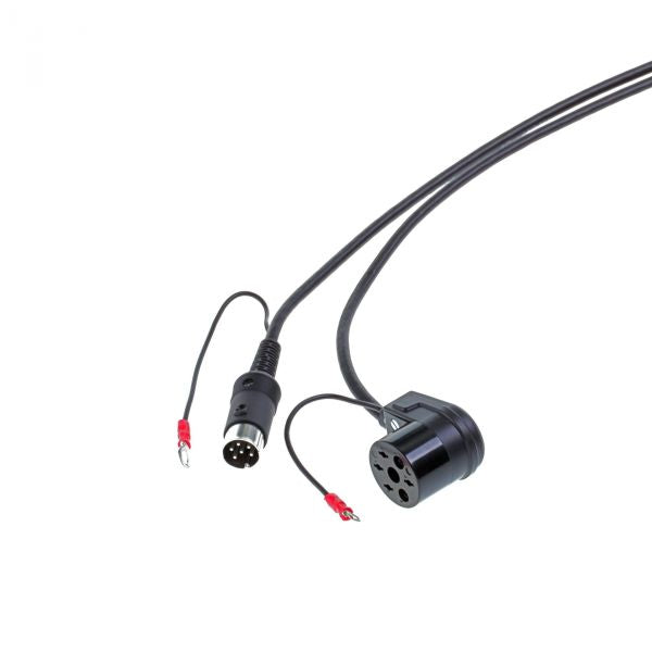 Close-up of a Leybold North America Connecting Cable for TR-sensors (50m) in black, featuring multiple prongs and two red-tipped wires. It splits into components with detailed plug ends, presented against a white background.