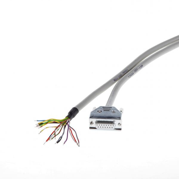 The Leybold North America Connecting Cable Type E (30m) is a silver cable featuring exposed colored wires on one end and a DB-15 connector on the other, ensuring seamless connectivity and reliable data transfer against a pristine white background.
