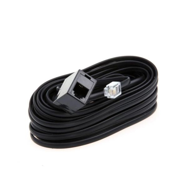 The Leybold North America Extension Cable 8m for Remote Control RC 310 C (PHOENIX L300/L300i) features an RJ11 male connector and RJ11 female socket, ideal for leak detecting instruments, shown on a white background.