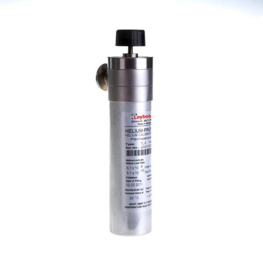 The TL 9 - Test Leak with Helium Gas Reservoir by Leybold North America is a compact, cylindrical device with a valve and "HELIUM PRÜF" label, designed for helium containment and dispensing in leak detection applications.