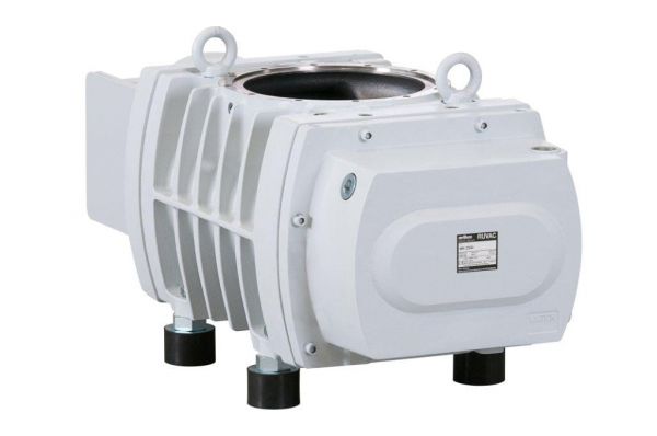 The RUVAC WH 2500 by Leybold North America is a white industrial air blower featuring ribbed sides and a rectangular, robust design. It is equipped with four black cylindrical feet for stability, two circular hooks on top, and a small identification plate on the right side.