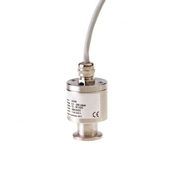A small cylindrical electronic device with a metal finish and connected to a gray cable at the top, likely a pressure sensor. The side features printed technical specifications and certification markings, including "DI 200" and "CE." The device has a flange base and is branded by Leybold North America.
