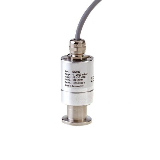 A cylindrical pressure sensor with a stainless steel body is connected to a grey cable at the top. The label on the sensor includes model and technical specifications such as input voltage and pressure range. The Absolute Pressure Sensor DI 2000, DN16KF by Leybold North America appears to be made in Germany.
