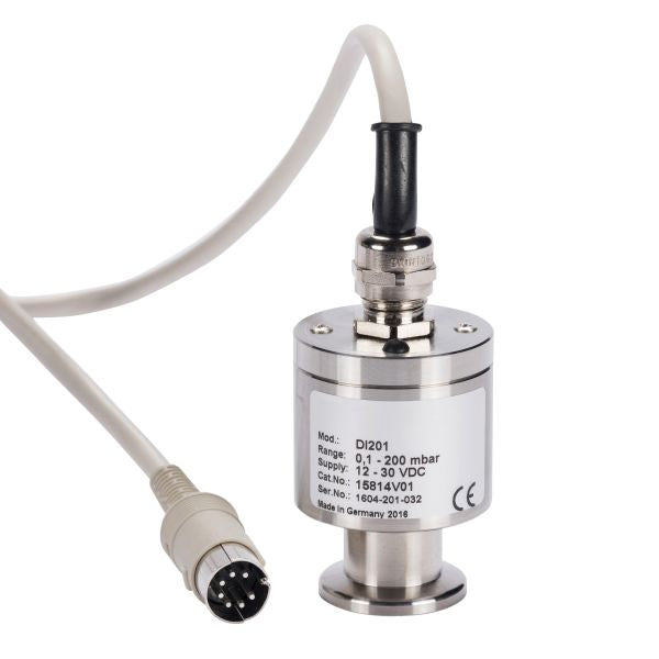 A cylindrical electronic sensor with a metallic finish, branded as "Leybold North America's DI 201," featuring a cable and plug connector. The sensor has specifications and manufacturing details printed in black text on its body.