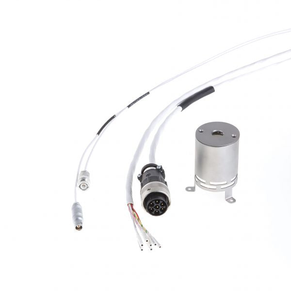 The Leybold North America Connecting Cable for IONIVAC Sensor IE 414/IE 514 is a bakeable, cylindrical metal component with multi-pin plugs and white wires, designed for vacuum applications and shown on a white background.