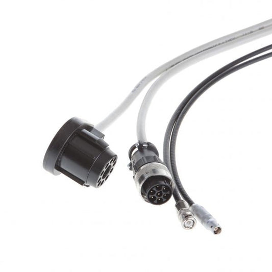 A close-up of Leybold North America Connecting Cable for IONIVAC Sensor IE 414 / IE 514 - 5 m attached to two multi-pin connectors; one with a black casing and the other metal with visible pins. The flexible cables, against a white background, are visibly different in color.