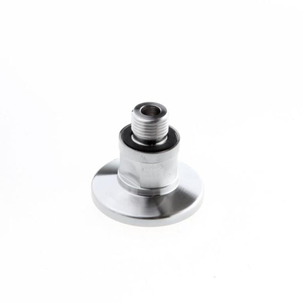 A Leybold North America Screw-in Flange DN 16 ISO-KF / G 1/8 (13 mm), metallic and cylindrical with a threaded end on a smooth circular base, is displayed against a white background, perfect for vacuum applications.