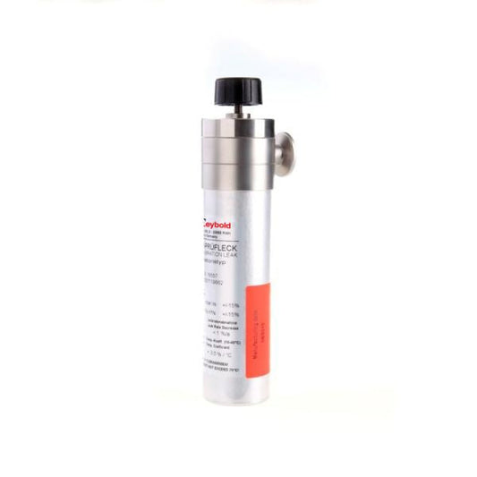 The TL 8 - Test Leak with Helium Gas Reservoir by Leybold North America is a silver cylinder with a black cap and red label bearing technical details, shown standing vertically against a plain white background.