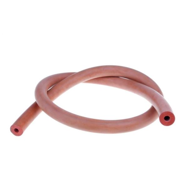 A coiled brown rubber tube with hollow ends is shown on a white background—Leybold North America Rubber Vacuum Hoses for Hose Nozzles 7 mm / 17 mm, ideal for heavy-duty cleaning and optimal suction.
