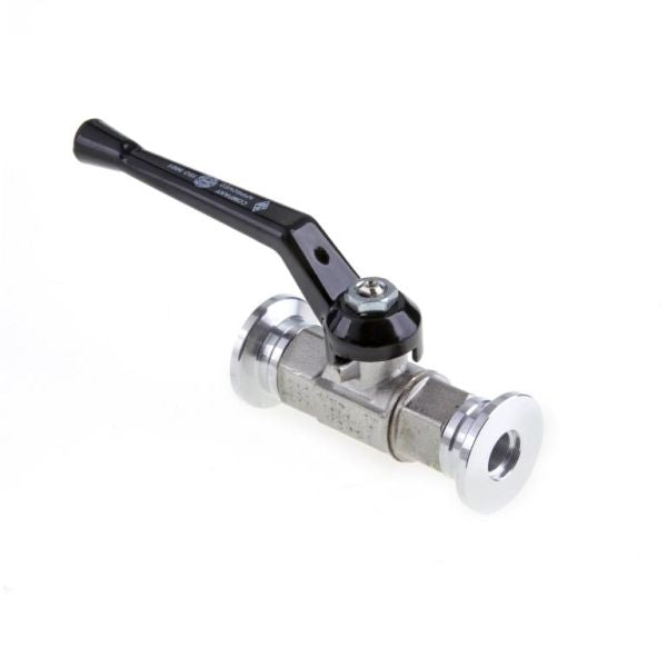The Leybold North America Ball Valve DN 10 ISO-KF, made of stainless steel with a black lever handle and flanged ends, is designed for fluid control in plumbing systems. The valve is shown on a white background.