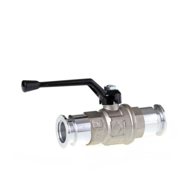 The Leybold North America Ball Valve DN 25 ISO-KF features a black lever handle and flanged ends for precise flow control and reliable sealing, shown isolated on a white background.