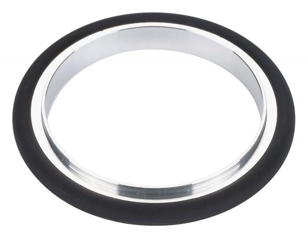 The Leybold North America Centering Rings DN 50 ISO-KF, in silver and black aluminum, showcase a smooth surface with a reflective gleam on the inner portion and a black outer edge, resembling high-quality vacuum components. It rests against a plain white background.