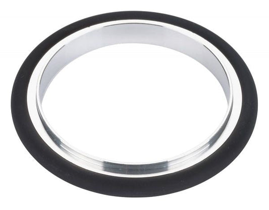 The Leybold North America Centering Rings DN 50 ISO-KF, in silver and black aluminum, showcase a smooth surface with a reflective gleam on the inner portion and a black outer edge, resembling high-quality vacuum components. It rests against a plain white background.