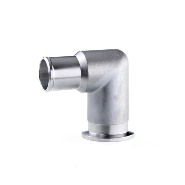 The Leybold North America Elbows 90° with Hose Nozzle DN 16 ISO-KF features a sleek silver finish, with one flange end and one tubular end, perfect for vacuum systems. Photographed against a white background.