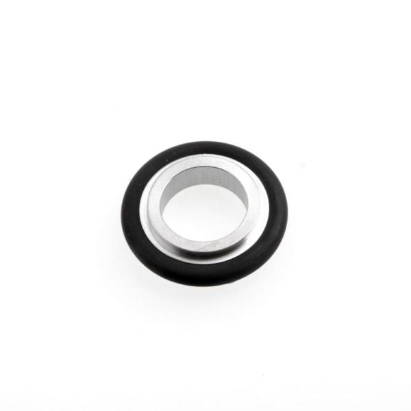 A Leybold North America Centering Ring Adaptor ISO-KF, featuring a circular metal design with a black rubber ring around its outer edge and a hole in the center, is centered on a plain white background.