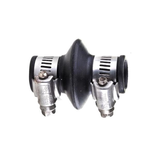 The Leybold North America Compensation Elements with Integrated Support Ring DN 16 ISO-KF, featuring a black rubber body and silver hose clamps, are perfect for vacuum setups needing ISO-KF compatibility—displayed on a white background.