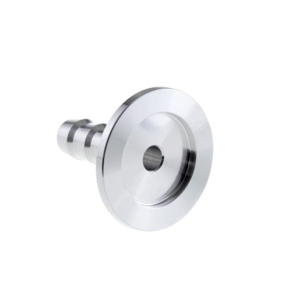 A shiny, metallic Leybold North America KF Flange with Hose Nozzle DN 25 ISO-KF, featuring a central hole and short cylindrical extension, is shown against a white background—ideal for vacuum systems and industrial use.