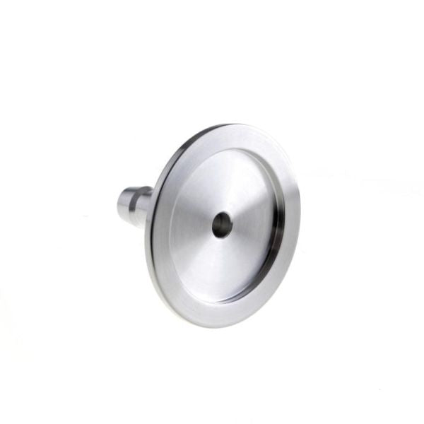 The Leybold North America KF Flanges with Hose Nozzles DN 40 ISO-KF is a round, metallic machined part with a central hole and short cylindrical extension, used in vacuum systems, shown against a plain white background.