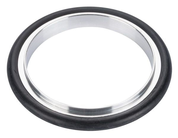 The Leybold North America Centering Rings DN 50 ISO-KF (Aluminum) features a circular silver design with black rubber coating, suitable for vacuum systems and compatible with ISO-KF flanges, set against a plain white background.