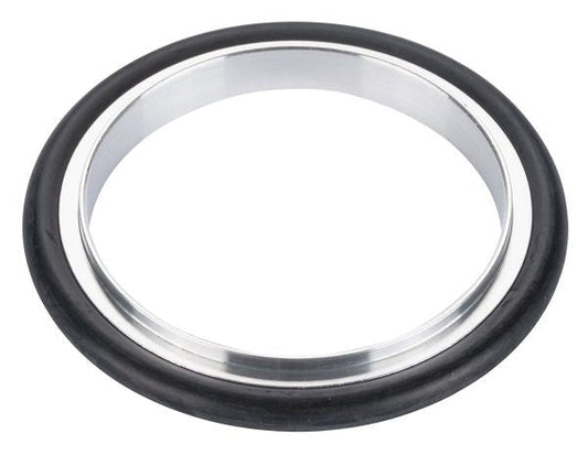 The Leybold North America Centering Rings DN 50 ISO-KF (Aluminum) features a circular silver design with black rubber coating, suitable for vacuum systems and compatible with ISO-KF flanges, set against a plain white background.