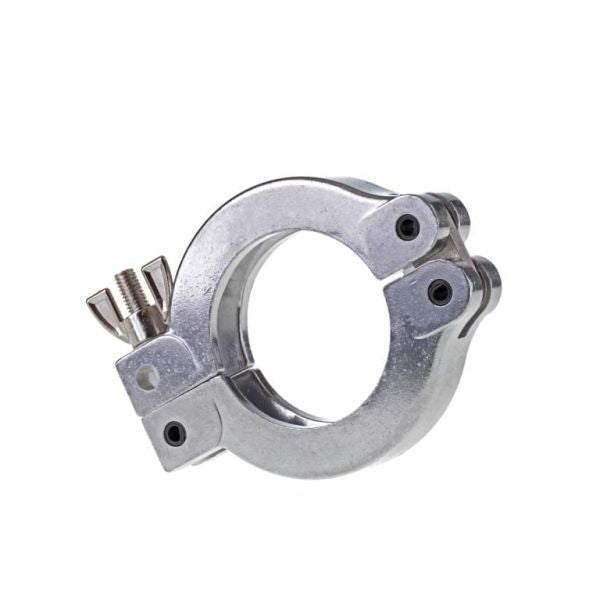 The Leybold North America Clamping Ring DN 50 ISO-KF, featuring a circular opening and wing nut screw for vacuum systems, is shown against a plain white background.