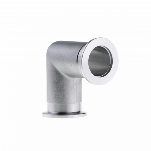 The Leybold North America Mitred Elbow 90° DN 16 ISO-KF is a stainless steel pipe fitting with flange ends, ideal for connecting pipes at right angles in vacuum systems, and is presented against a plain white background.