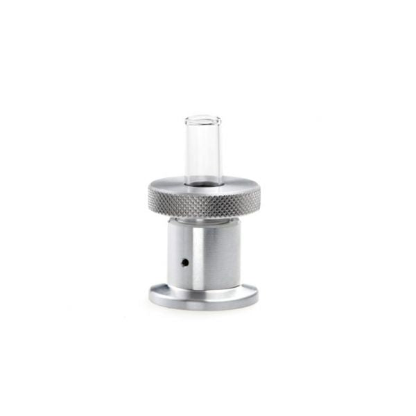 The Leybold North America KF Flanges with Compression Fitting DN 10 ISO-KF (10 mm) is showcased against a plain white background, highlighting its silver metallic adapter with threaded texture and transparent nozzle, perfect for vacuum systems.