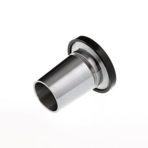 The Leybold North America KF Flanges with Ground Cone DN 16 ISO-KF are cylindrical metal components with flared bases and black edge rings, designed for vacuum applications to ensure airtight seals.