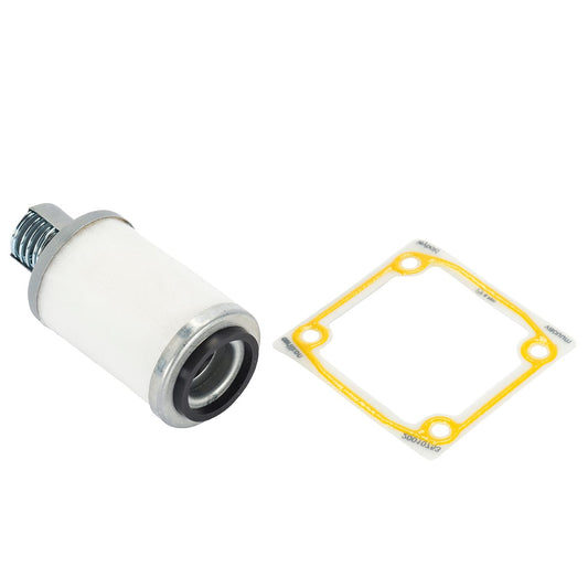 A small, cylindrical Replacement Filter Element for FE 4-8 by Leybold North America Shop, having a metal frame and white core, is next to a flat square gasket with rounded edges and yellow markings, all set against a plain white background.