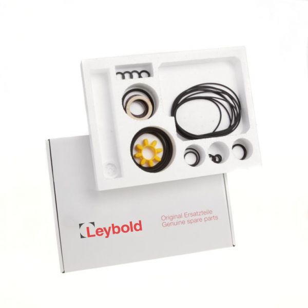 Beside a white box labeled "Leybold Original Ersatzteile Genuine spare parts," there is a white foam tray containing various mechanical components, such as seals and a gear for vacuum systems, with the BR2 Seal Kit for RUVAC WA/WAU 151-251 from Leybold North America prominently featured.