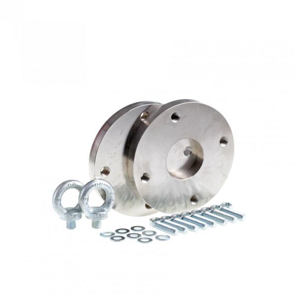Two ASME-Adapter Flange 3" RUVAC WA/WAU/WS/WSU 251-501 plates by Leybold North America, plus eye bolts, washers, and screws are arranged on a white background as part of a hardware kit for Leybold vacuum pumps.