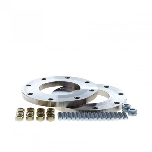 Two Leybold North America ASME-Adapter Flange 6" spacers for RUVAC WA/WS 2001 are shown with matching bolts, lug nuts, and washers, all displayed on a white background. Suitable for vacuum pump systems.