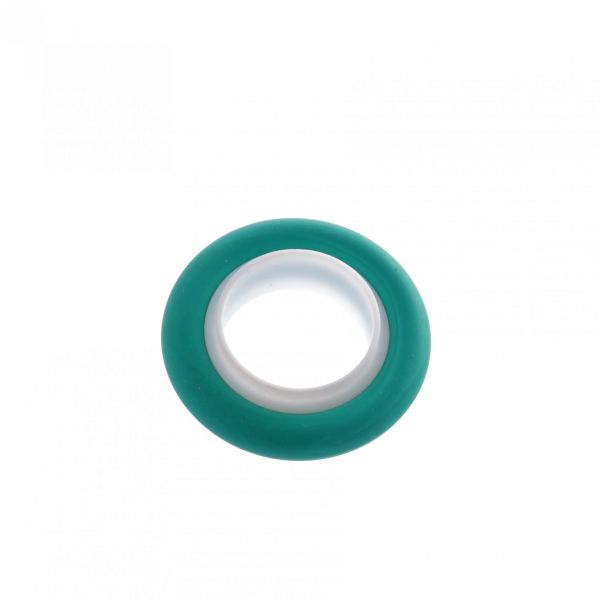 The photograph depicts the Leybold North America Center Ring DN 16 ISO-KF, featuring a turquoise outer ring and a white inner ring. The item, made from Teflon and Viton, is captured against a plain white background and appears to be designed for use as a seal or gasket.