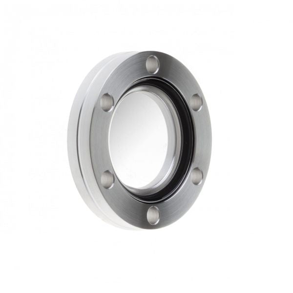 Leybold North America's UHV-Observation Window DN 40 CF features a round metal flange with six evenly spaced bolt holes and a clear glass center for superior vacuum sealing, ideal as an industrial sight glass or inspection window.