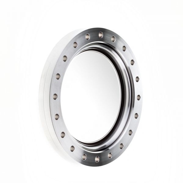 The Leybold North America UHV-Observation Window DN 160 CF is a round metallic window with a circular glass center and evenly spaced bolt holes, ideal for vacuum chambers or ultra-high vacuum experiments.
