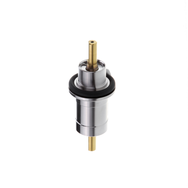 The UHV-Linear Motion Feedthrough FNL 40/50 by Leybold North America is a metallic cylindrical valve component with a brass rod or pin extending from its center. This part showcases sections of various diameters and is crafted with precision engineering. The object is presented against a plain white background, which enhances its clarity.