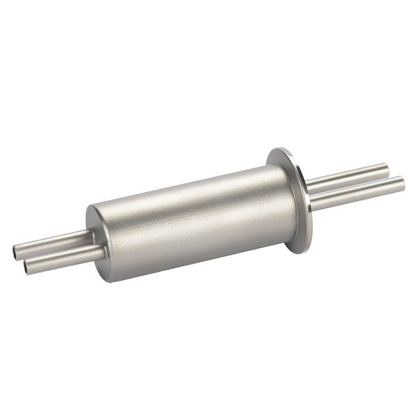 The cylindrical metal component, identified as "Liquid Feedthroughs ISO-KF" from Leybold North America, has a polished finish and features two pairs of parallel tubes extending from each end. One end includes a flange around the base of the tubes. This component is likely designed for mechanical or industrial applications, potentially functioning as a heat exchanger.